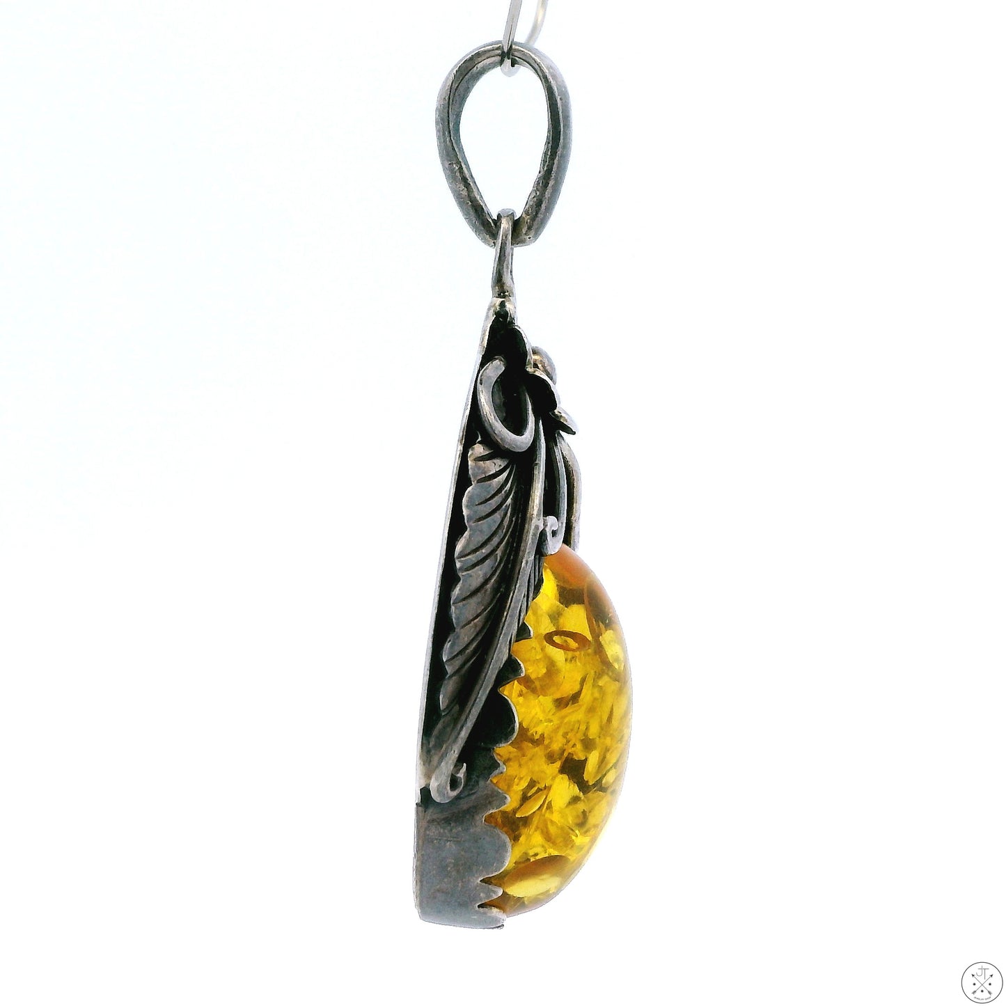 Vintage Sterling Silver Pendant with Yellow Baltic Amber Cabochon Seeds