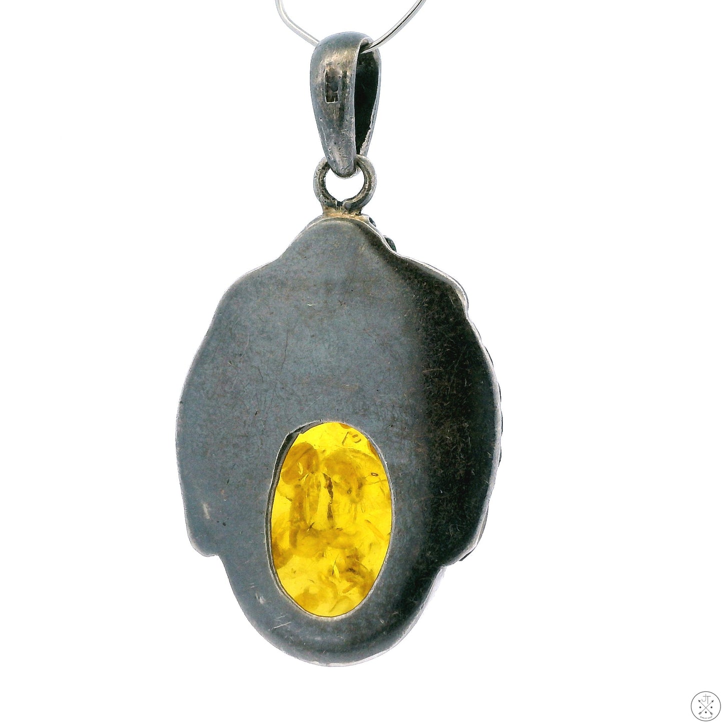 Vintage Sterling Silver Pendant with Yellow Baltic Amber Cabochon Seeds