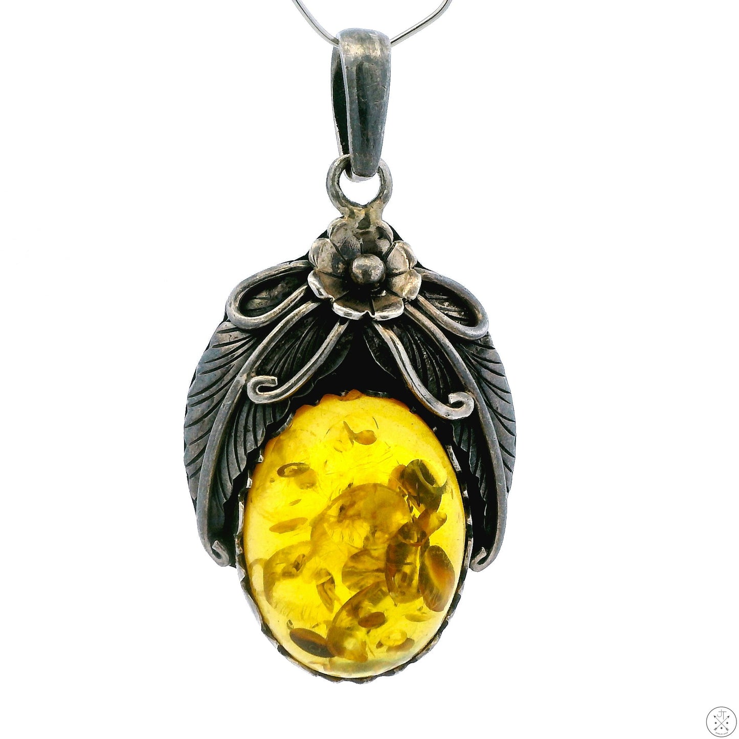 Vintage Sterling Silver Pendant with Yellow Baltic Amber Cabochon Seeds