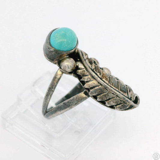 Vintage Sterling Silver Ring with Turquoise Size 4 Leaves