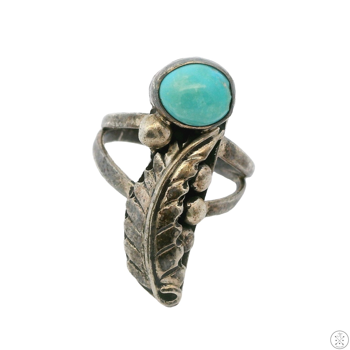 Vintage Sterling Silver Ring with Turquoise Size 4 Leaves