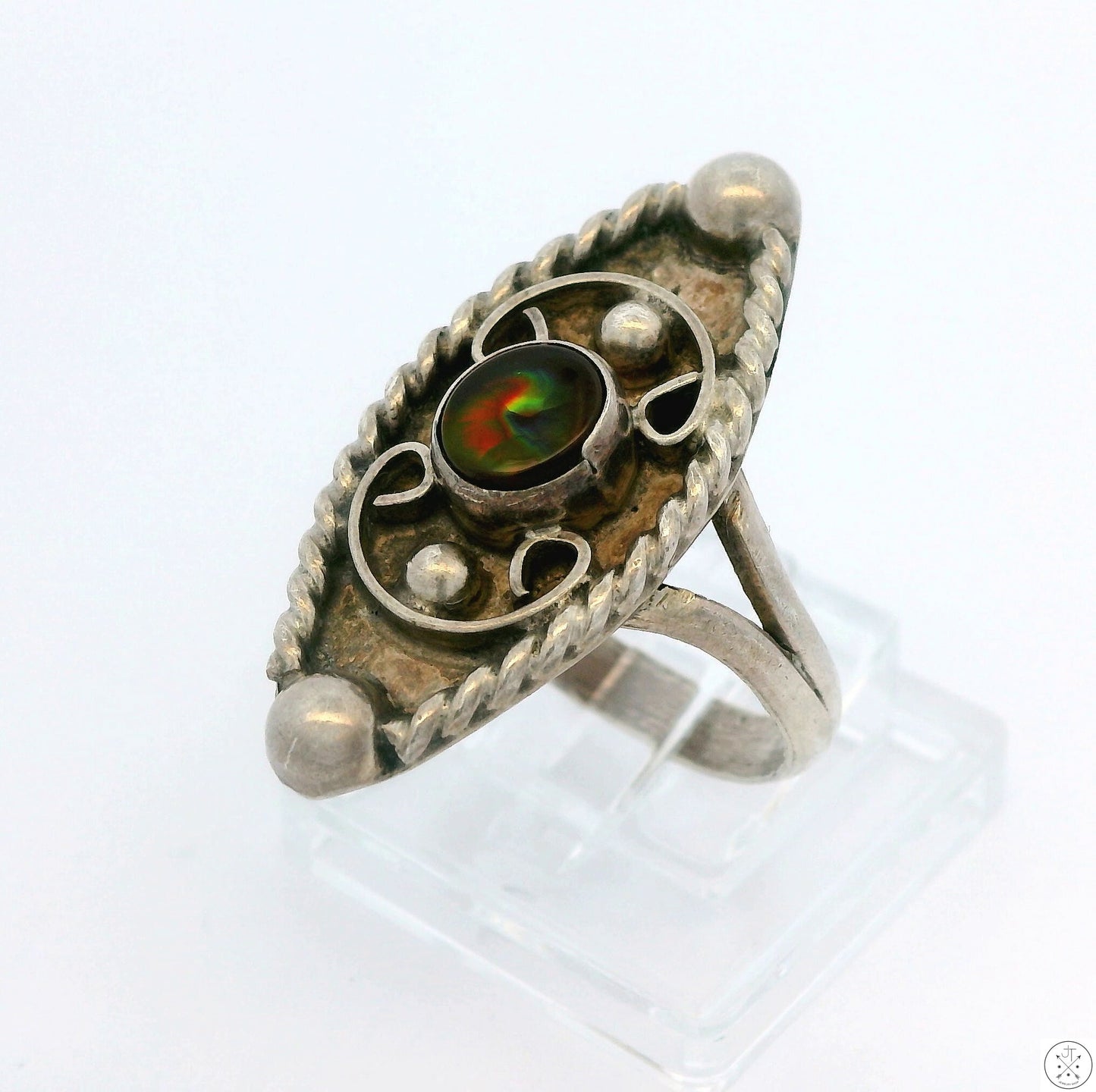Vintage Sterling Silver Ring with Ammolite Size 6.75 Red Green