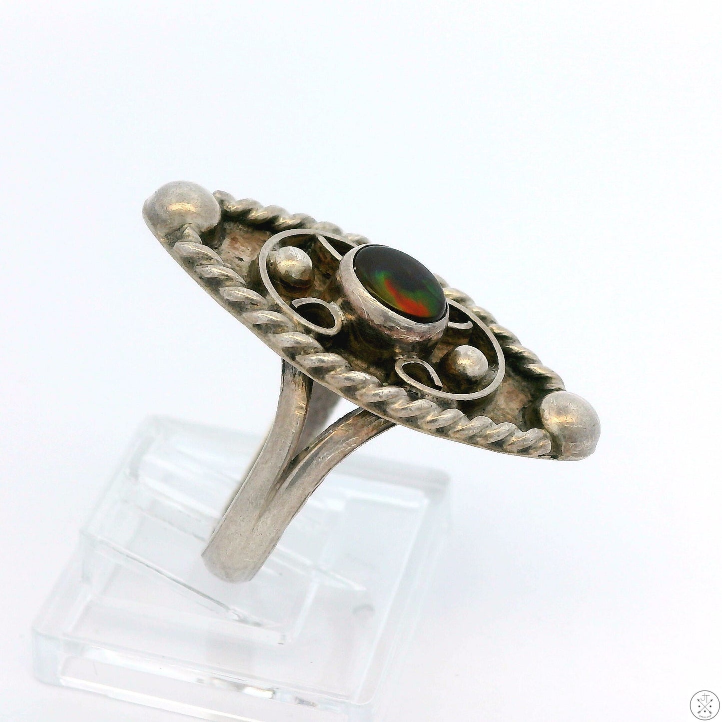 Vintage Sterling Silver Ring with Ammolite Size 6.75 Red Green