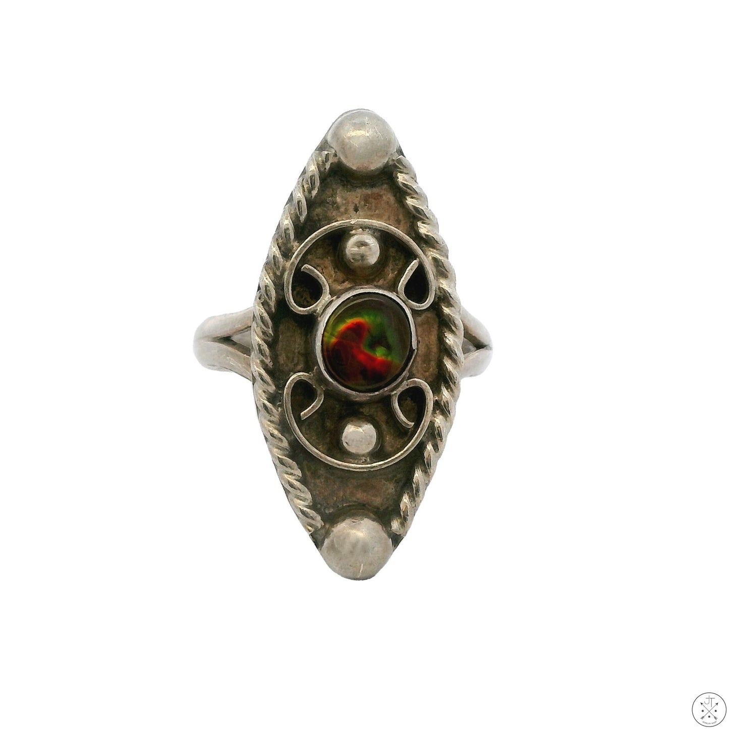 Vintage Sterling Silver Ring with Ammolite Size 6.75 Red Green