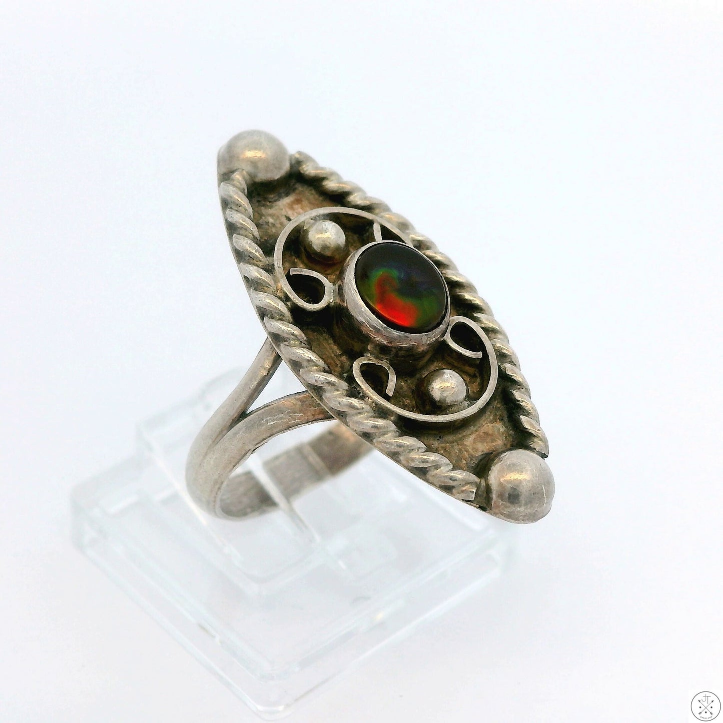 Vintage Sterling Silver Ring with Ammolite Size 6.75 Red Green