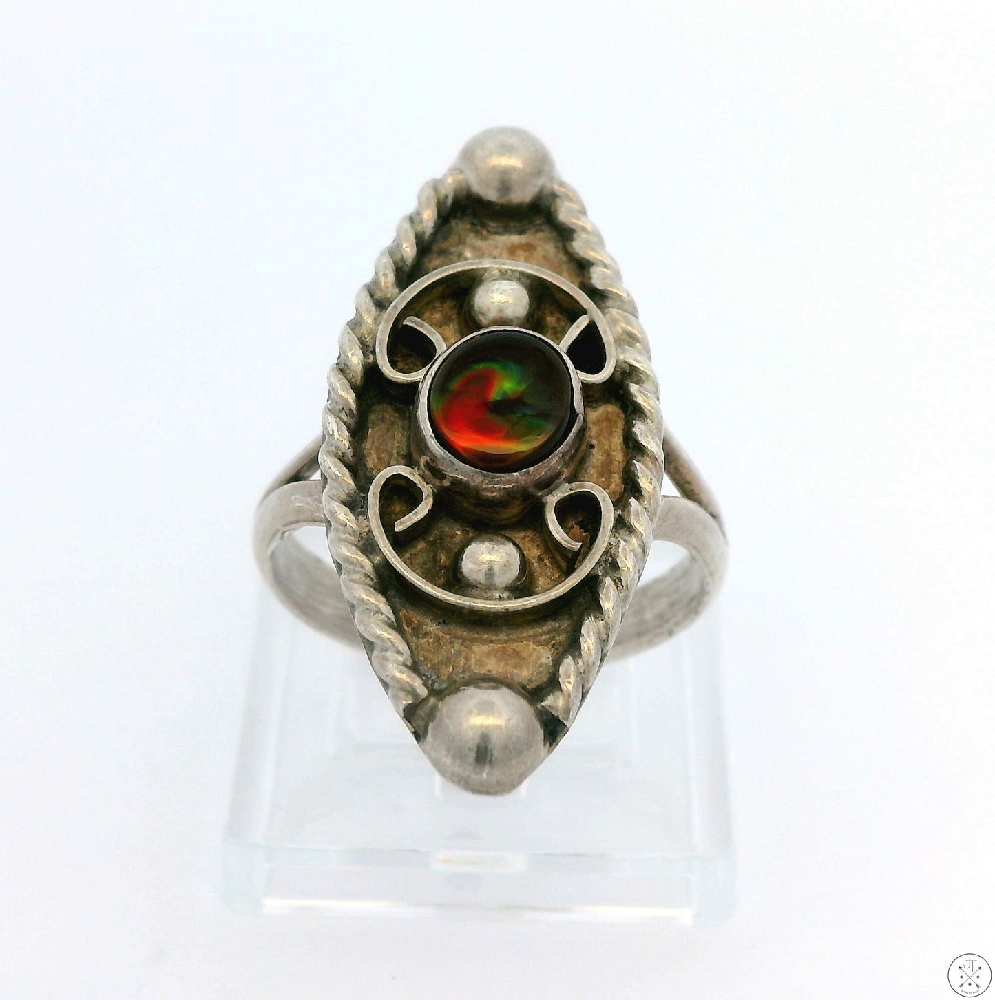 Vintage Sterling Silver Ring with Ammolite Size 6.75 Red Green