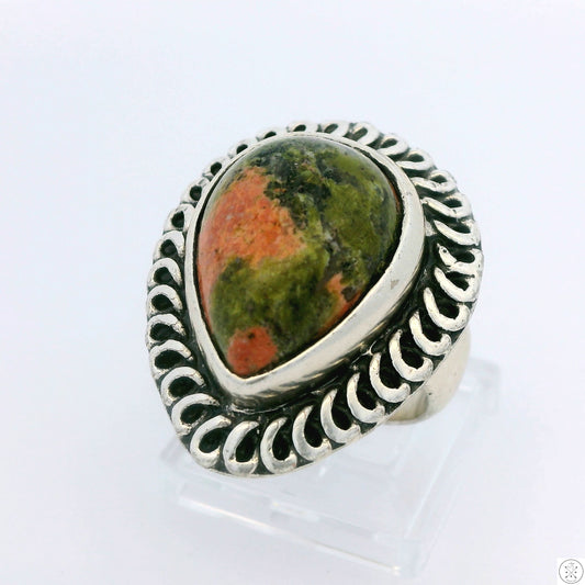 Vintage Sterling Silver Ring with Unakite Size 7.5 Teardrop