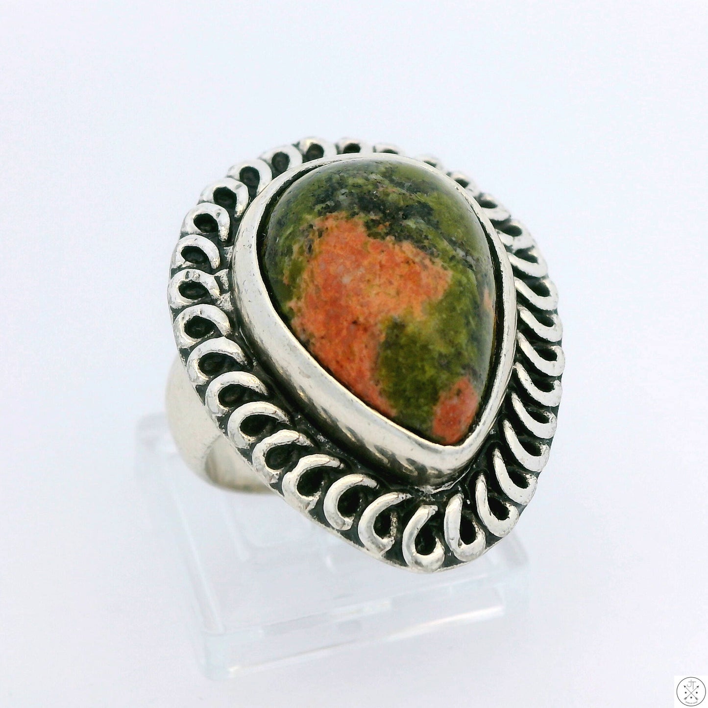 Vintage Sterling Silver Ring with Unakite Size 7.5 Teardrop