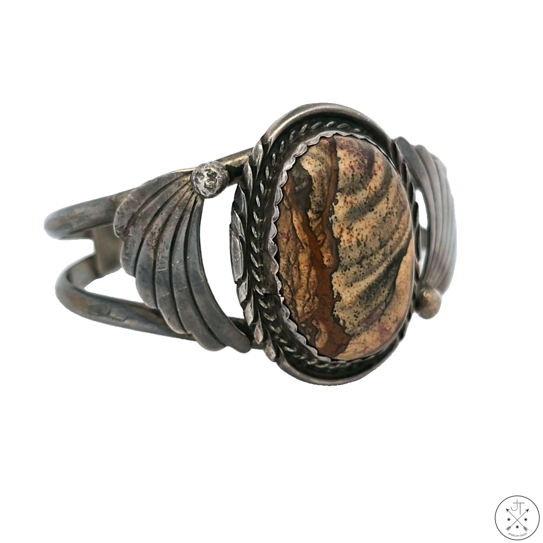Vintage Signed Navajo Sterling Silver Cuff Biggs Jasper Sandy Sangster Two Feathers