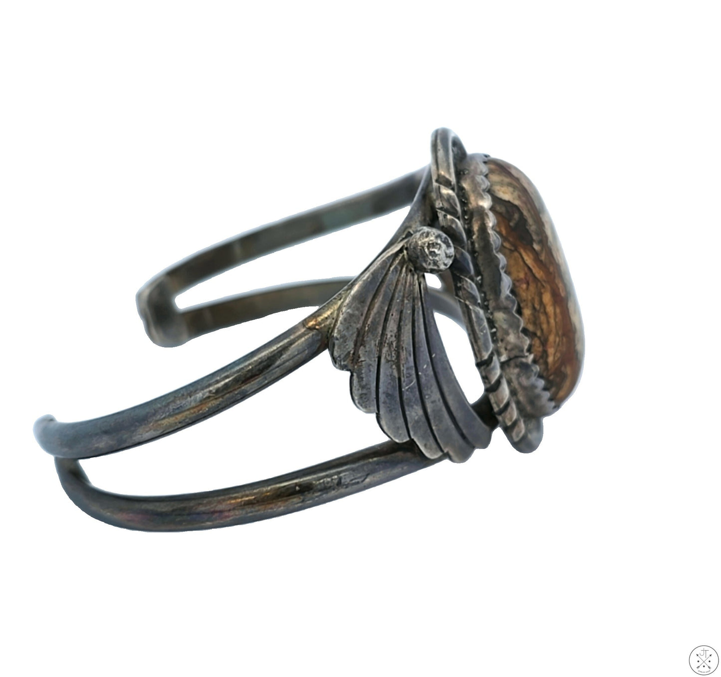 Vintage Signed Navajo Sterling Silver Cuff Biggs Jasper Sandy Sangster Two Feathers