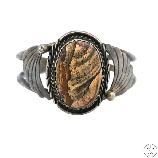 Vintage Signed Navajo Sterling Silver Cuff Biggs Jasper Sandy Sangster Two Feathers