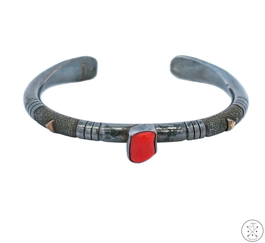Vintage Sterling Silver Cuff Coral Brass Accents Flared Tips