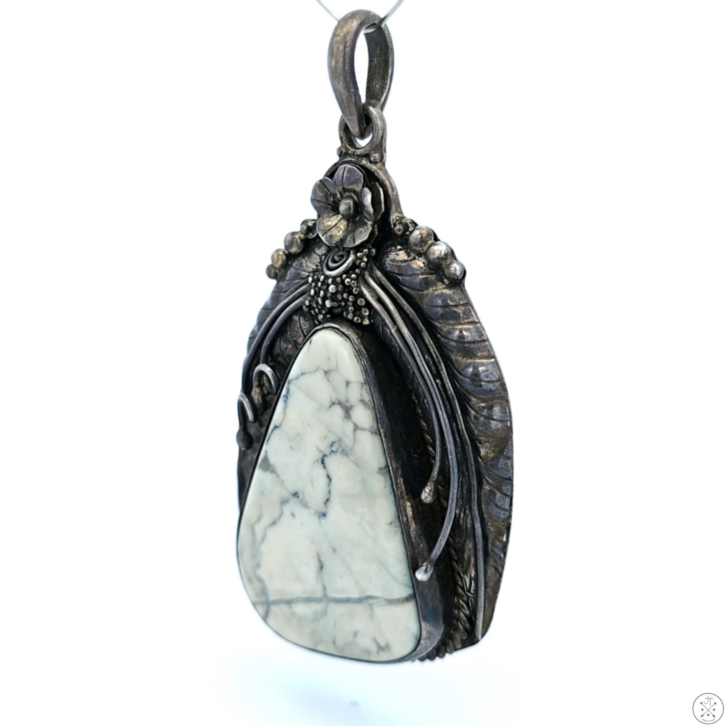 Large Vintage Sterling Silver Pendant with White Buffalo Cabochon Signed