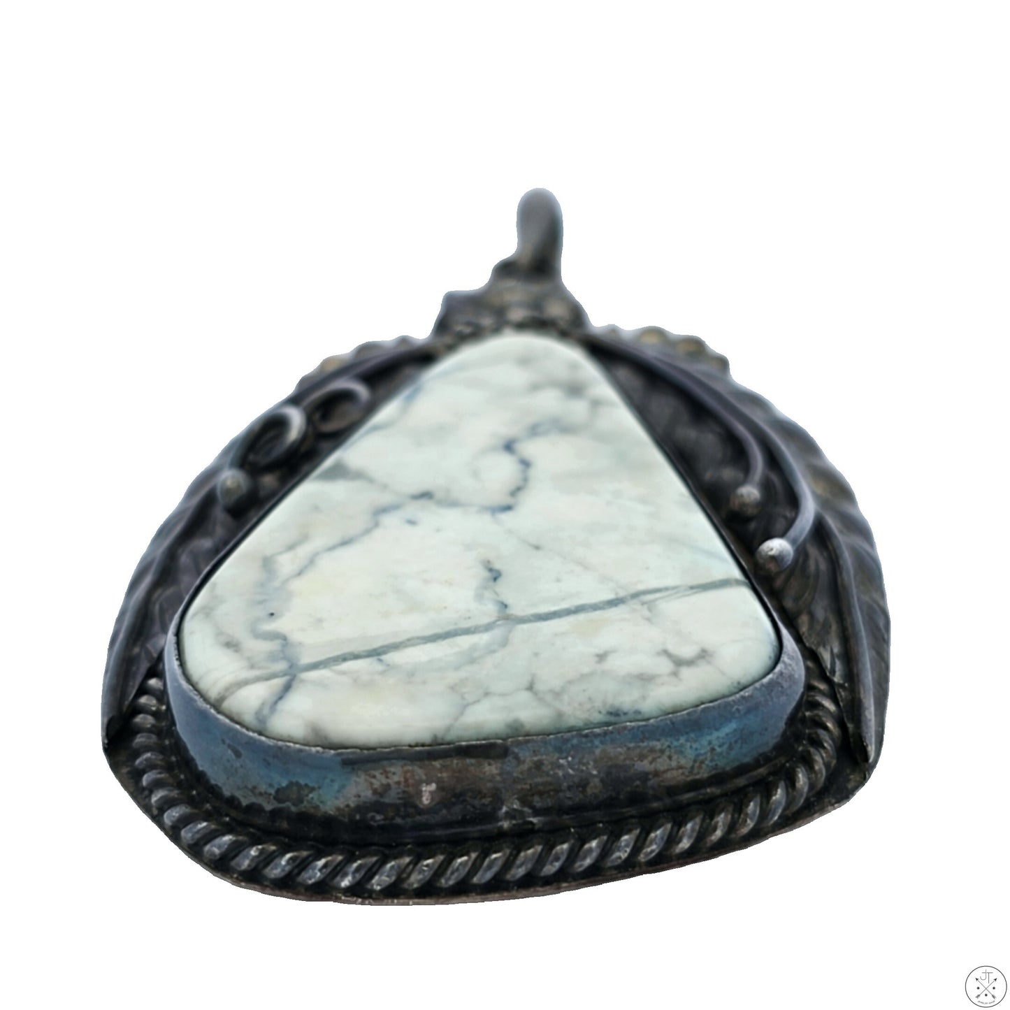 Large Vintage Sterling Silver Pendant with White Buffalo Cabochon Signed