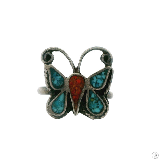 Vintage Zuni Sterling Silver Inlay Butterfly Ring Size 6.5 Signed Nastacio Turquoise Coral