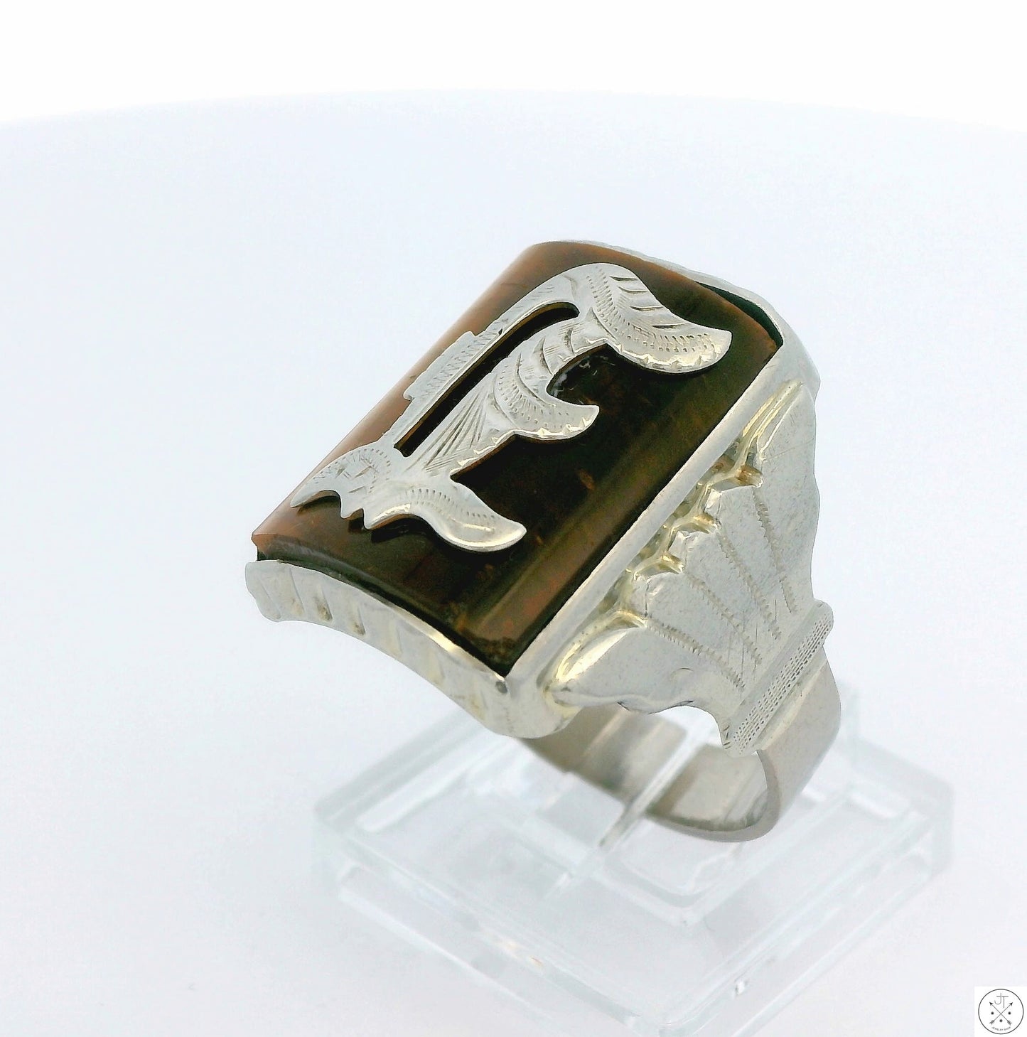 Vintage 10k White Gold Mens Ring with Tigers Eye Size 10.5 Letter E