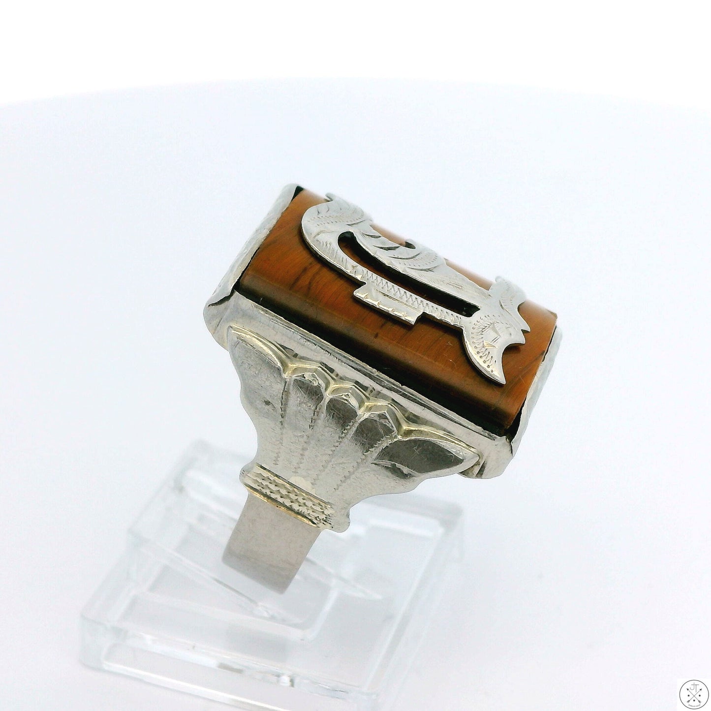 Vintage 10k White Gold Mens Ring with Tigers Eye Size 10.5 Letter E