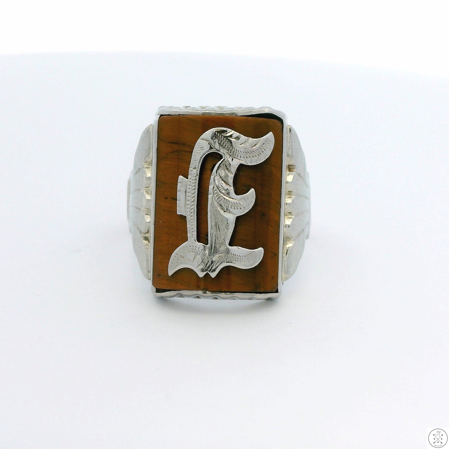 Vintage 10k White Gold Mens Ring with Tigers Eye Size 10.5 Letter E
