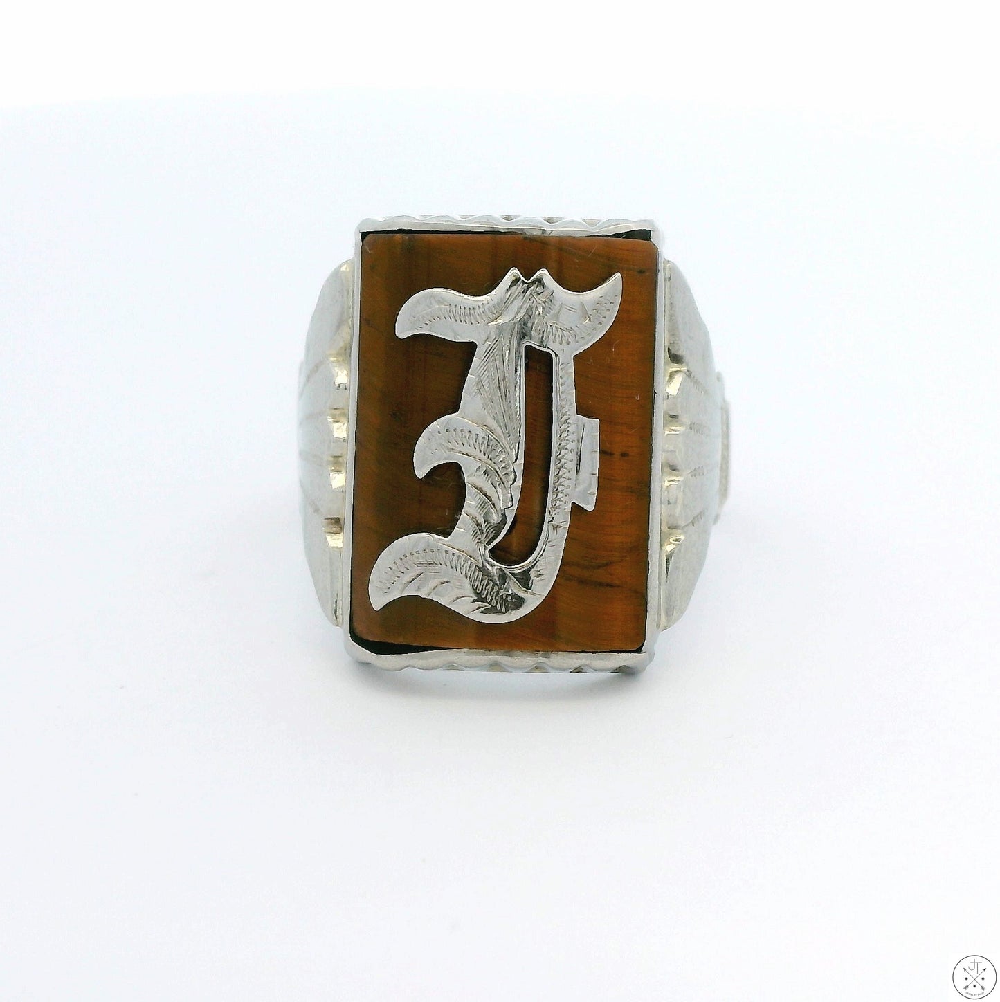 Vintage 10k White Gold Mens Ring with Tigers Eye Size 10.5 Letter E