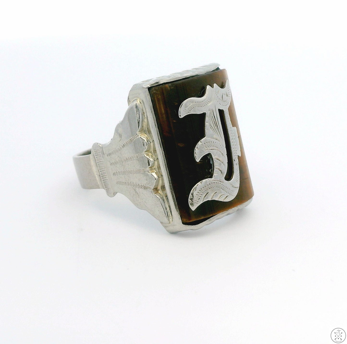 Vintage 10k White Gold Mens Ring with Tigers Eye Size 10.5 Letter E