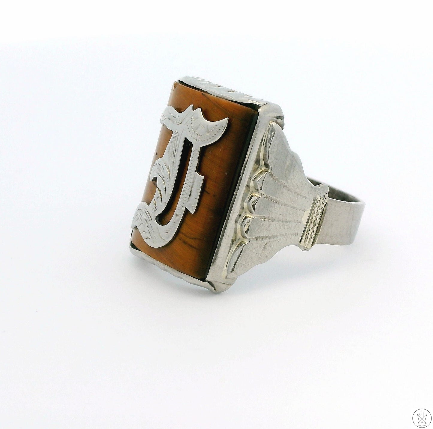 Vintage 10k White Gold Mens Ring with Tigers Eye Size 10.5 Letter E
