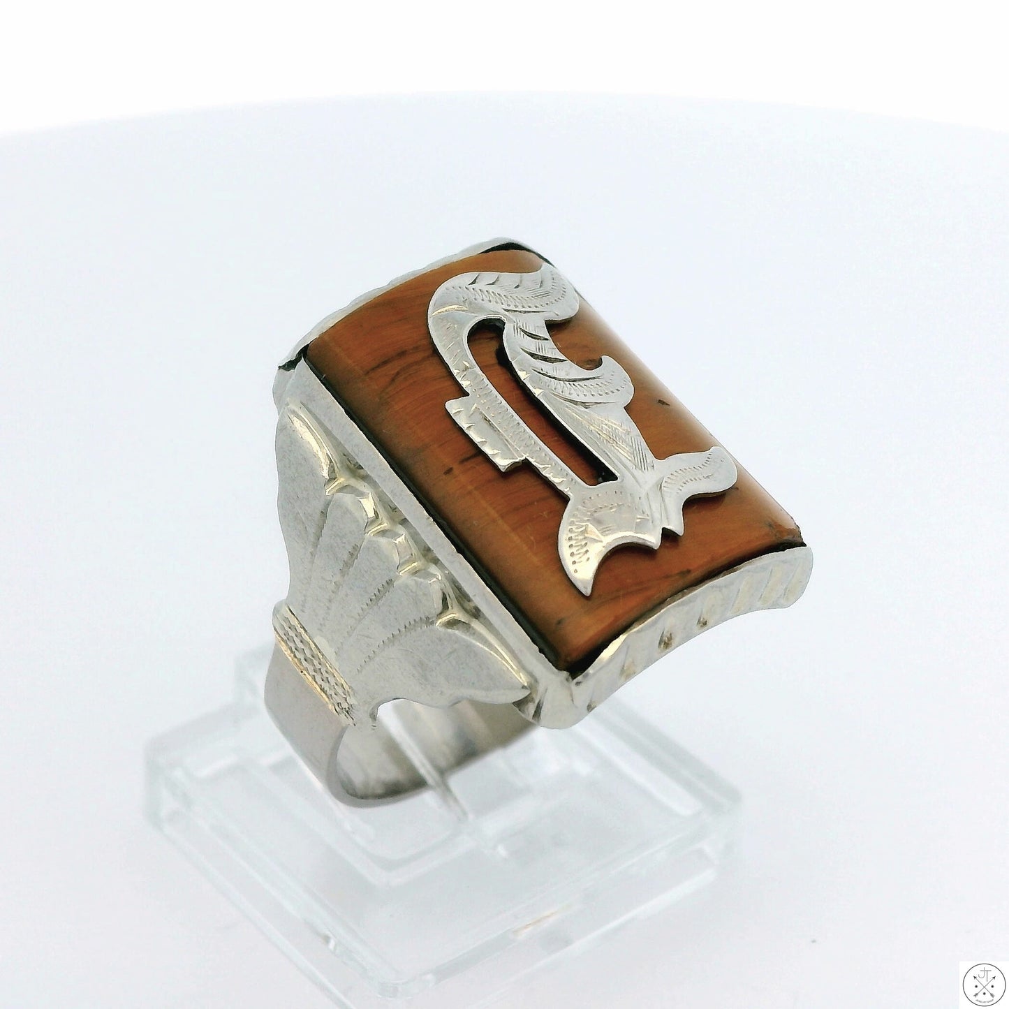Vintage 10k White Gold Mens Ring with Tigers Eye Size 10.5 Letter E