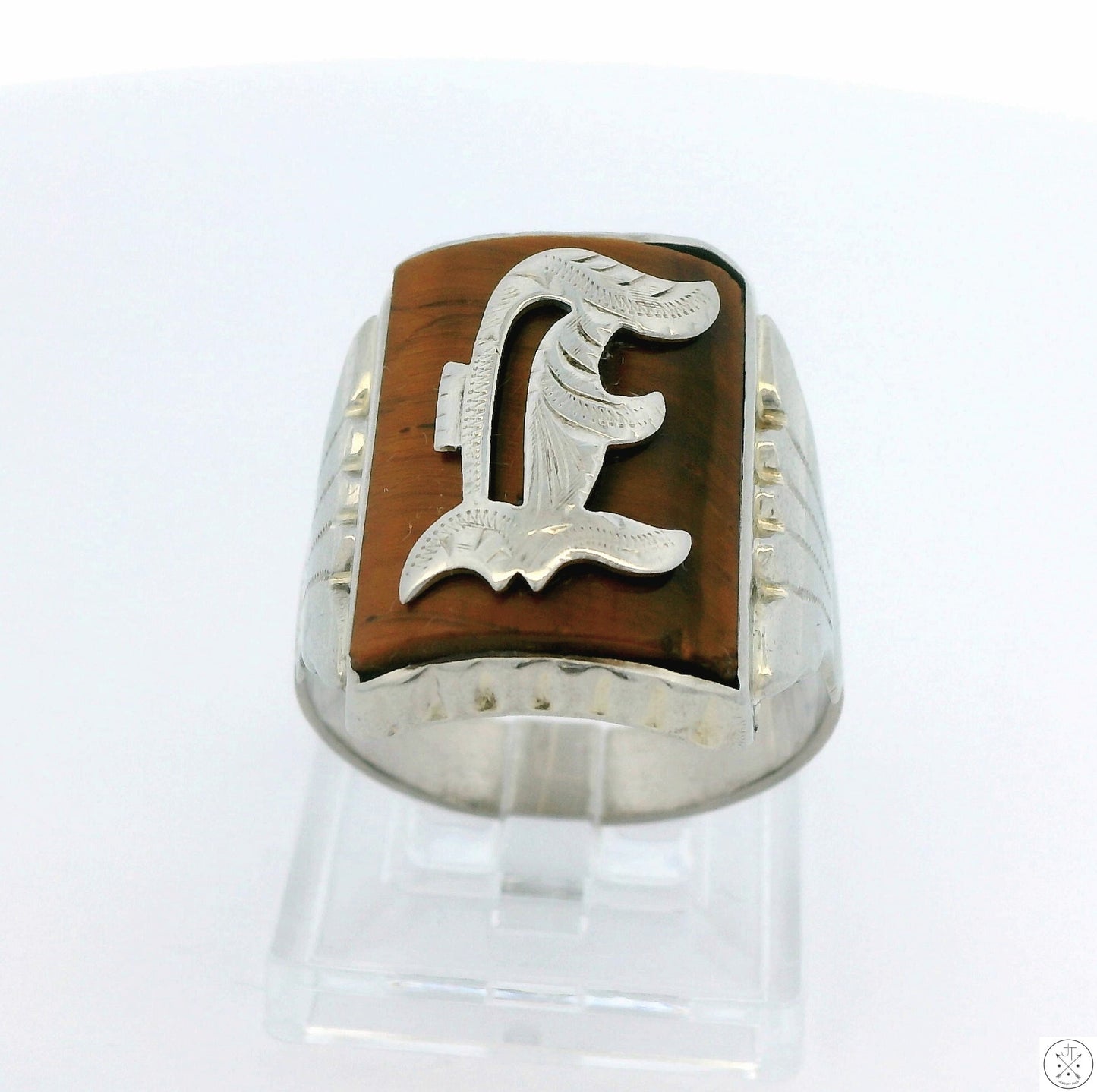 Vintage 10k White Gold Mens Ring with Tigers Eye Size 10.5 Letter E