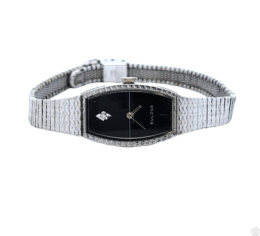 Vintage Bulova White Gold Plated Ladies Wristwatch 17 Jewel Watch Mechanical 7.5in Adjustable