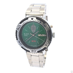 Vintage Slava KGB 38 mm Wristwatch Automatic Day Date Running 8 in Green