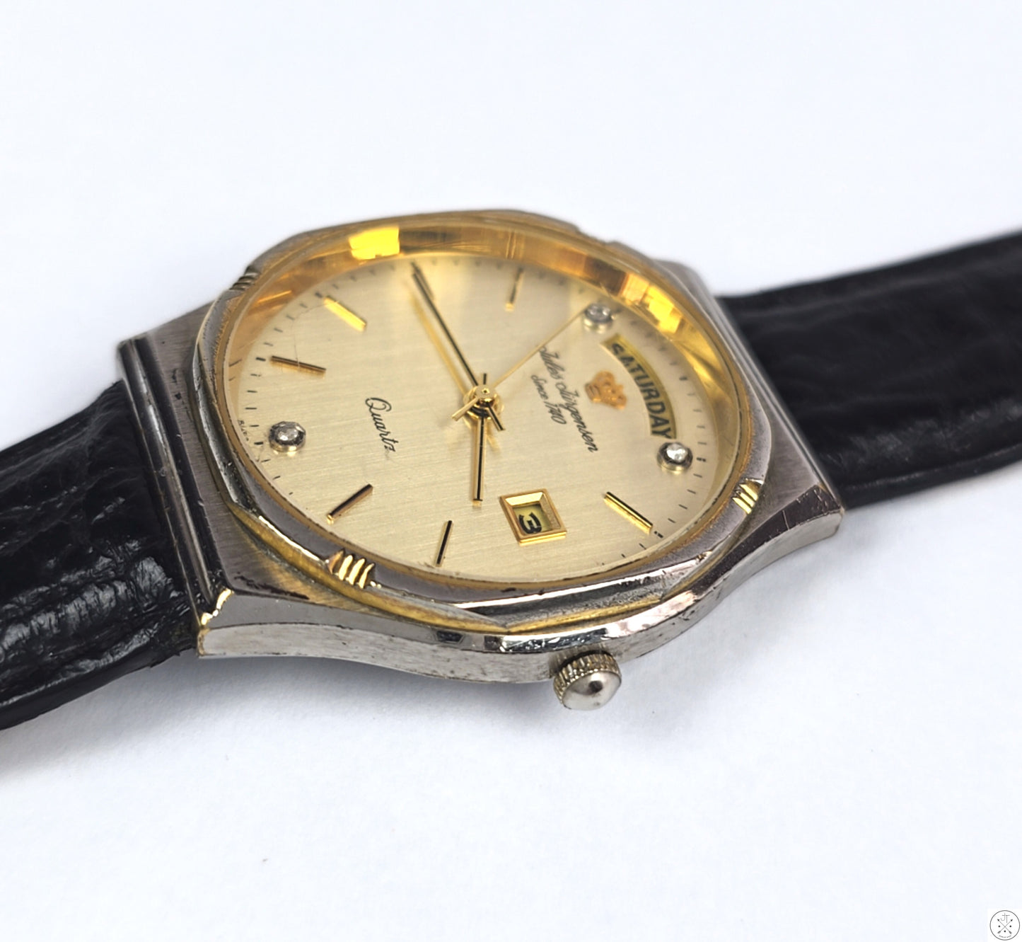 Vintage 34 mm Jules Jurgensen 6M59 Day Date Quartz Watch Diamond Markers