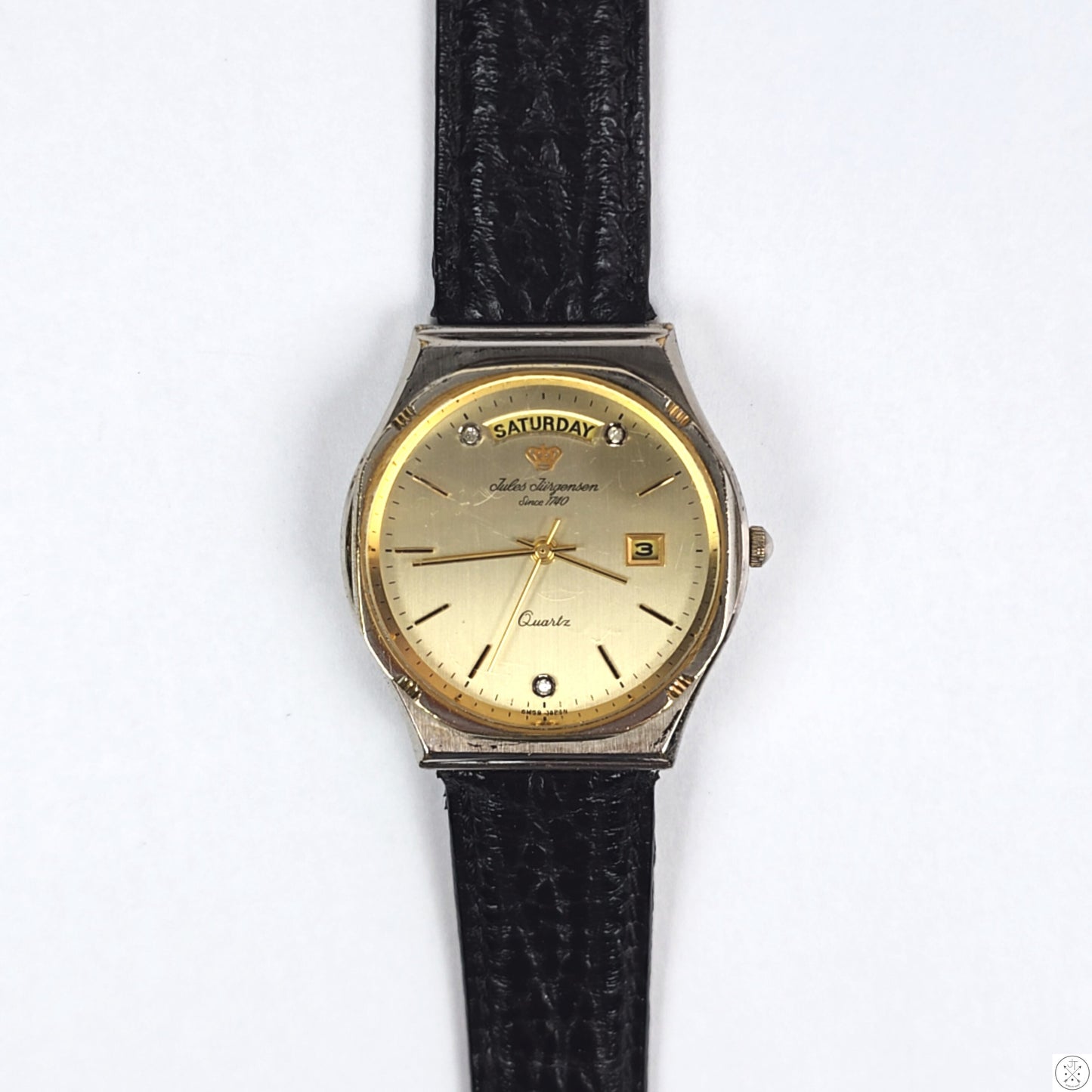 Vintage 34 mm Jules Jurgensen 6M59 Day Date Quartz Watch Diamond Markers