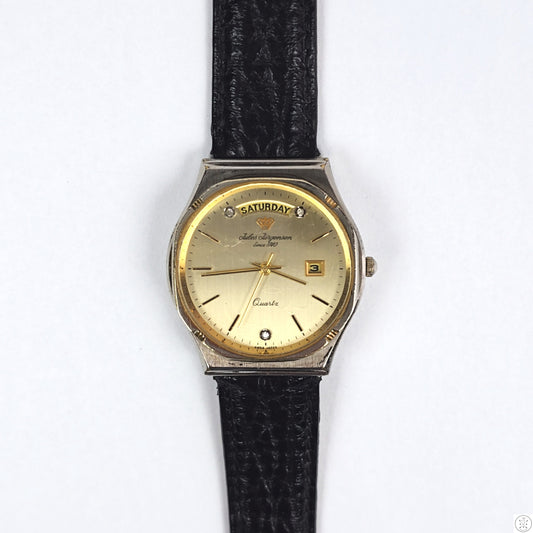 Vintage 34 mm Jules Jurgensen 6M59 Day Date Quartz Watch Diamond Markers