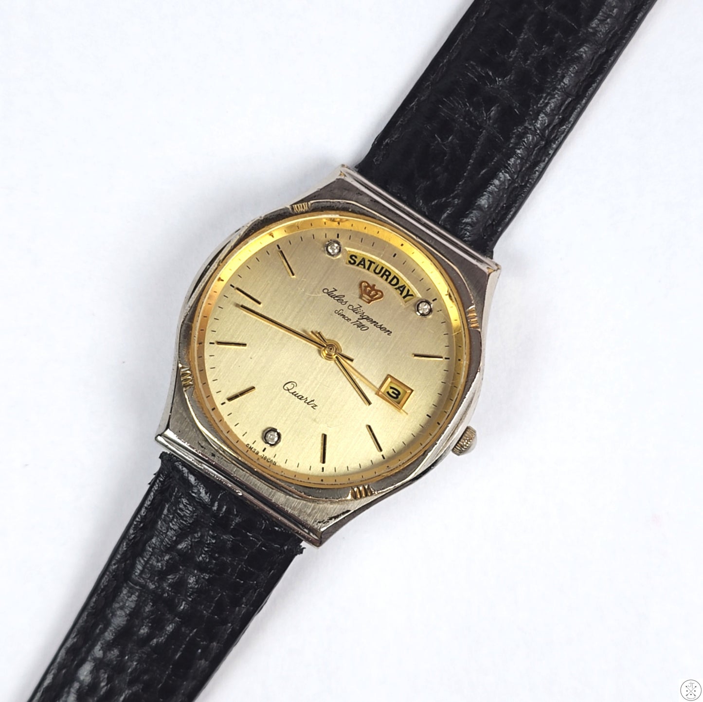 Vintage 34 mm Jules Jurgensen 6M59 Day Date Quartz Watch Diamond Markers