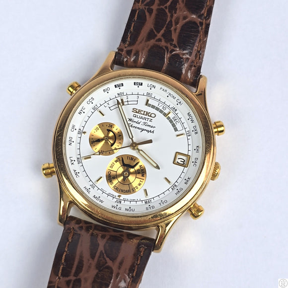 2000 Seiko Quartz 36 mm 6M15 World Timer Alarm Chronograph Calendar Watch Runs 8.5in