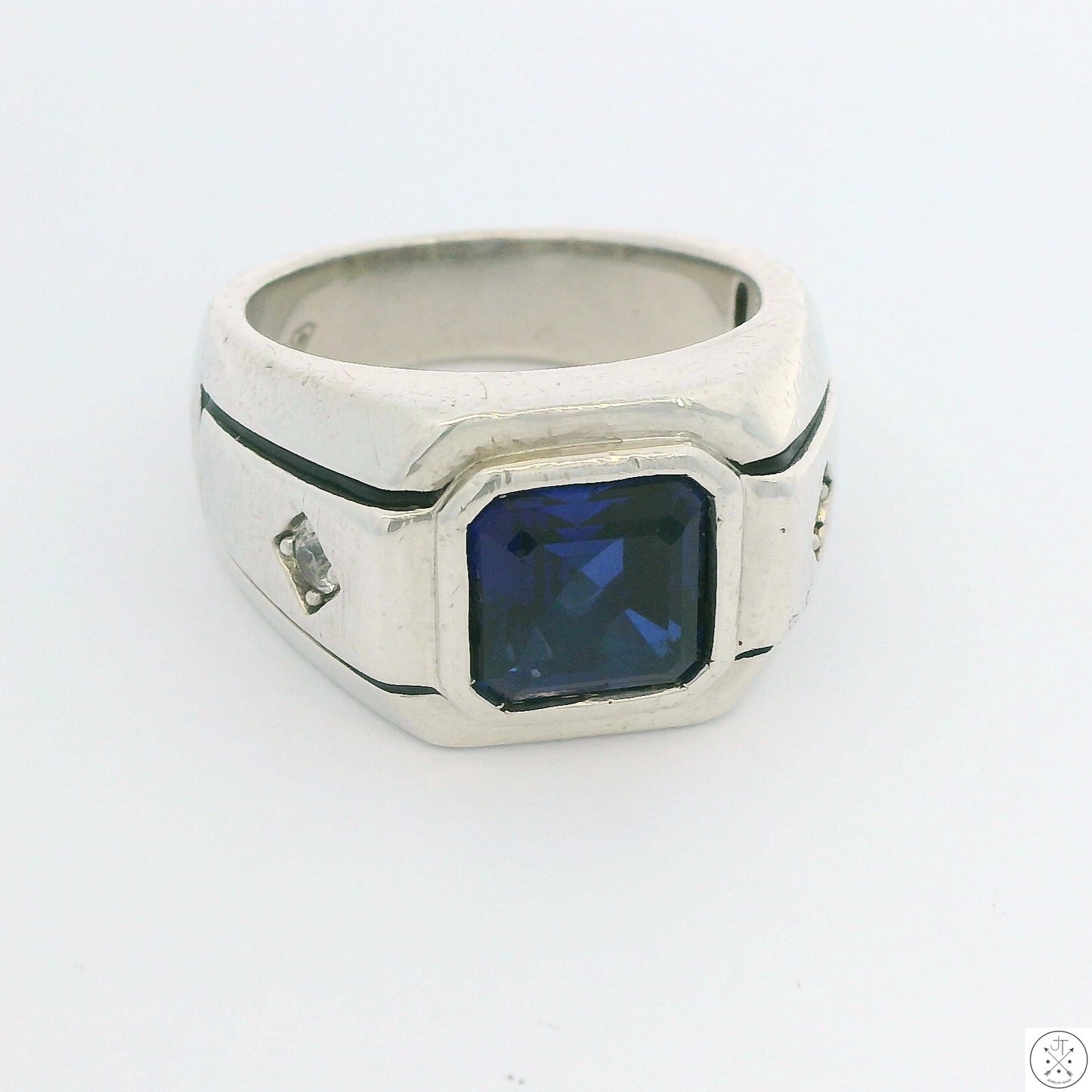 Vintage C&C Sterling Silver Mens Ring with Blue and White lab Sapphire Size 10