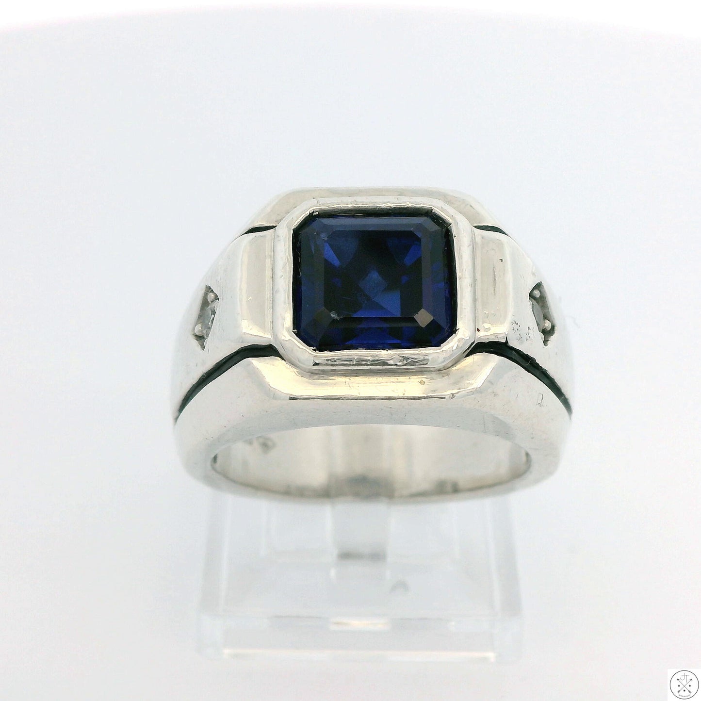 Vintage C&C Sterling Silver Mens Ring with Blue and White lab Sapphire Size 10