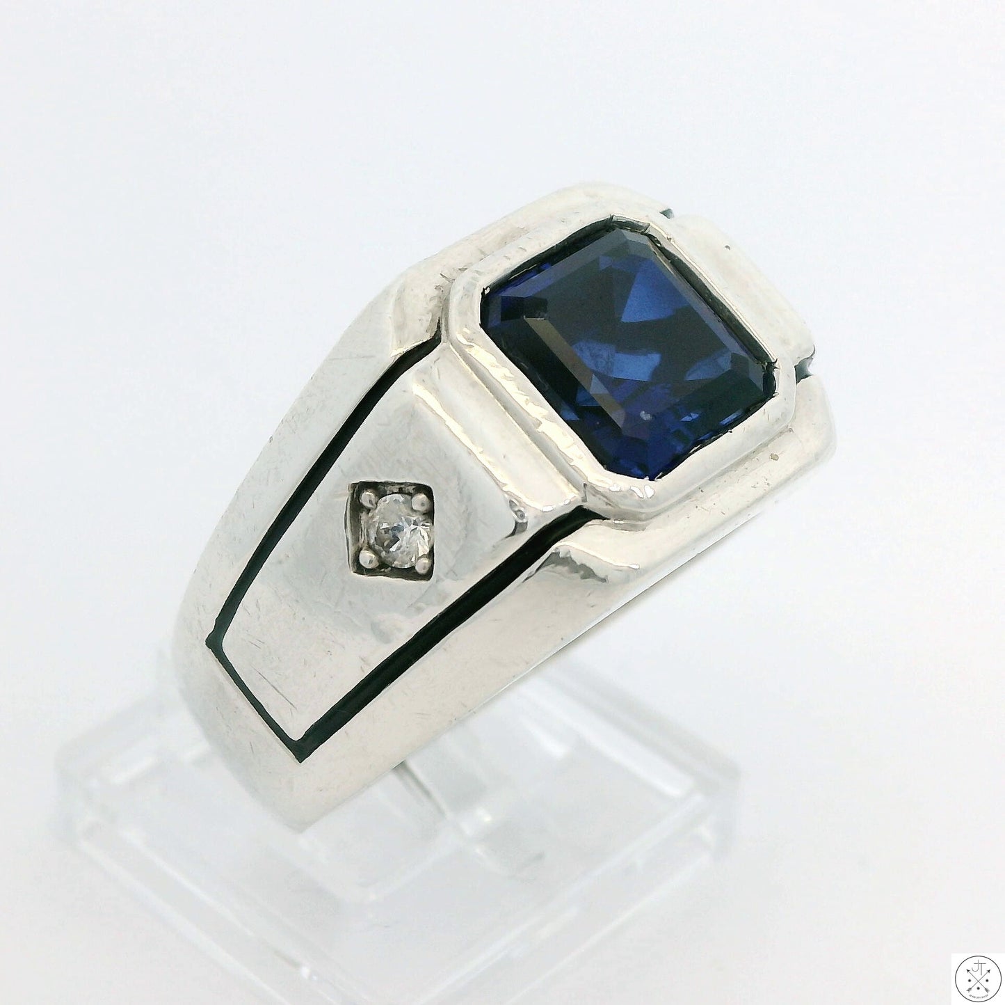 Vintage C&C Sterling Silver Mens Ring with Blue and White lab Sapphire Size 10