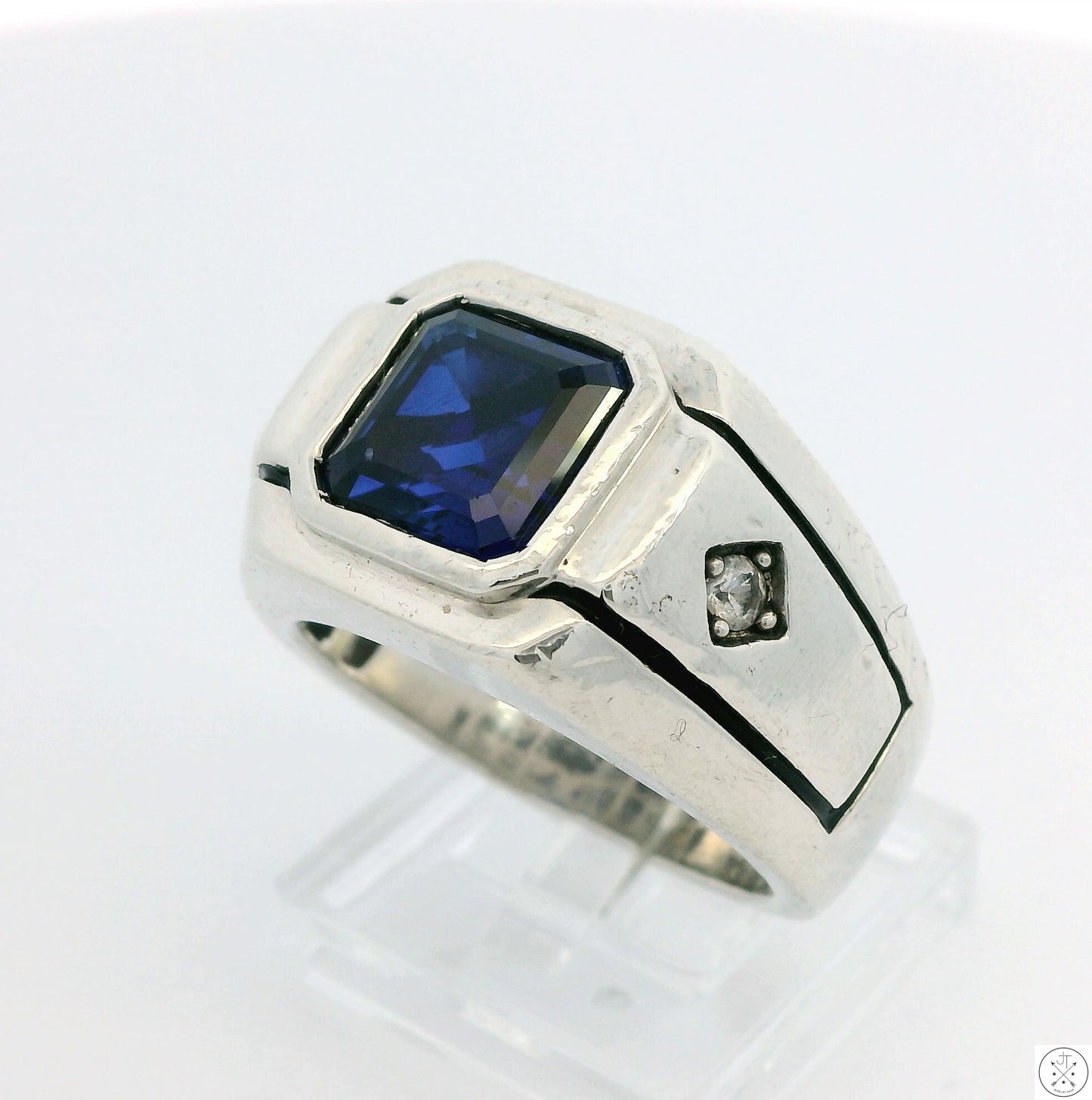 Vintage C&C Sterling Silver Mens Ring with Blue and White lab Sapphire Size 10