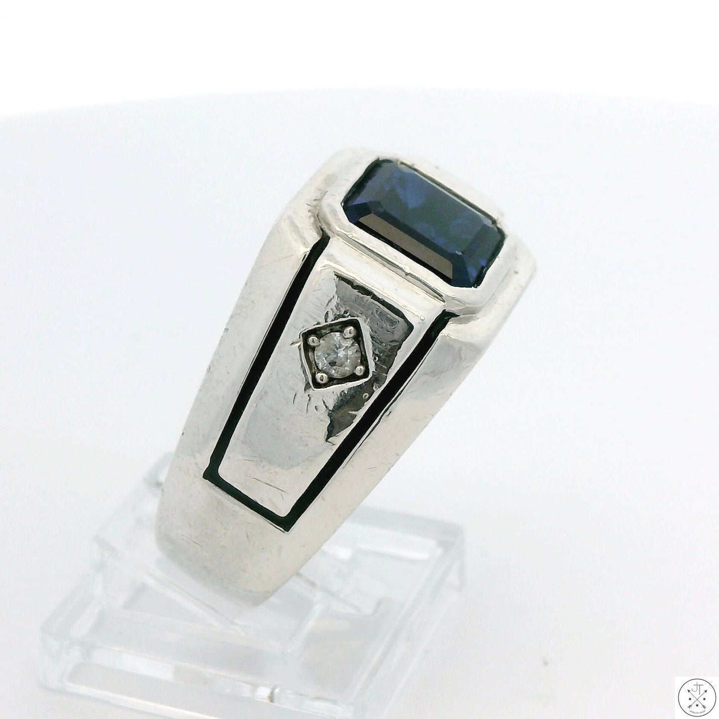 Vintage C&C Sterling Silver Mens Ring with Blue and White lab Sapphire Size 10