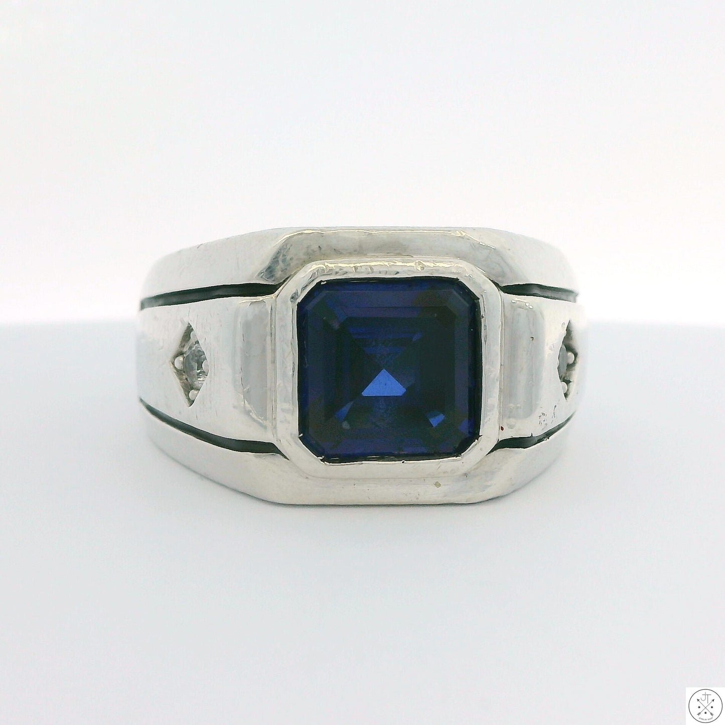 Vintage C&C Sterling Silver Mens Ring with Blue and White lab Sapphire Size 10