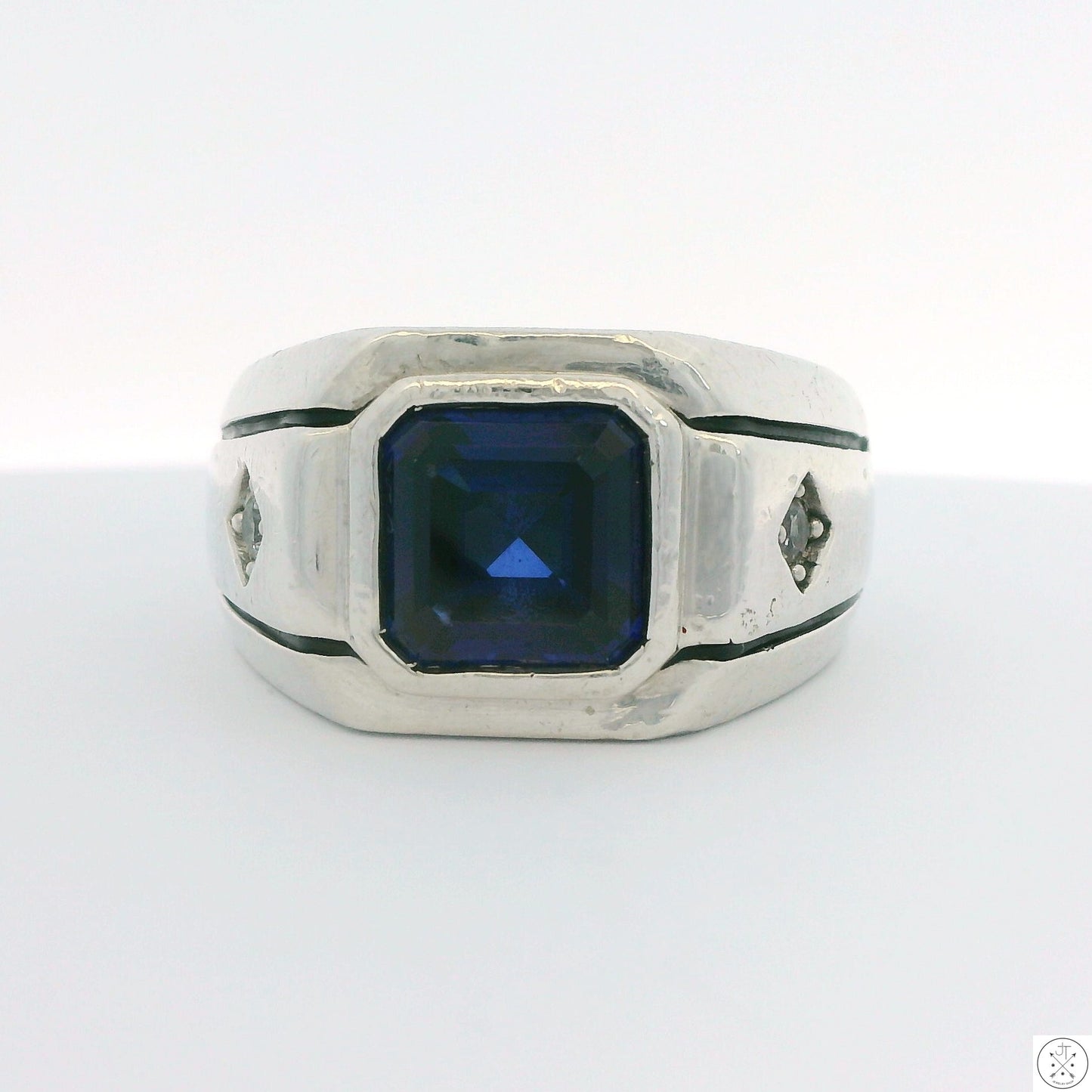 Vintage C&C Sterling Silver Mens Ring with Blue and White lab Sapphire Size 10