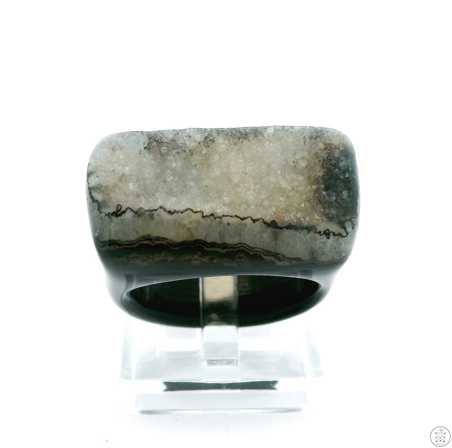 Drusy Quartz Agate Statement Ring Size 8 Black and White