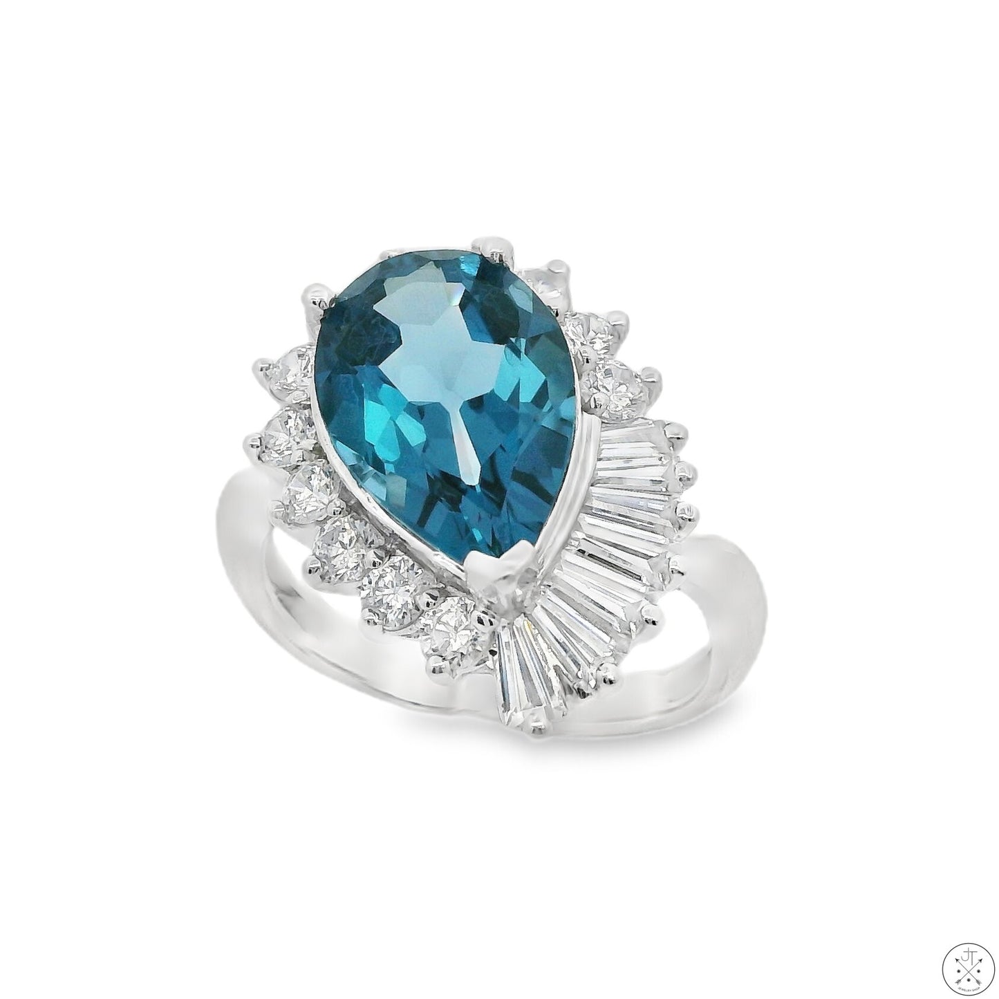 New 14k White Gold Ballerina Ring London Blue Topaz Size 8 Designer Meda Fashion