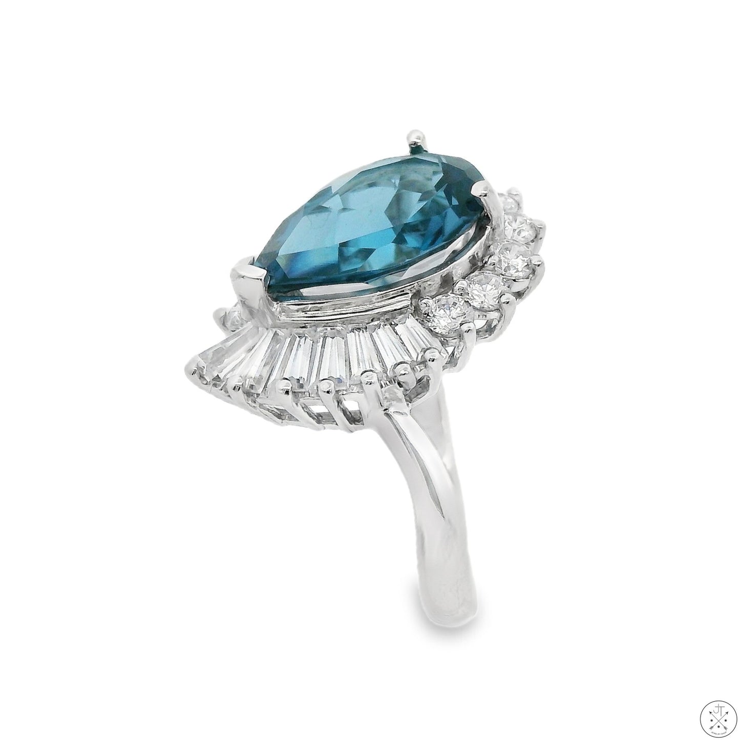 New 14k White Gold Ballerina Ring London Blue Topaz Size 8 Designer Meda Fashion
