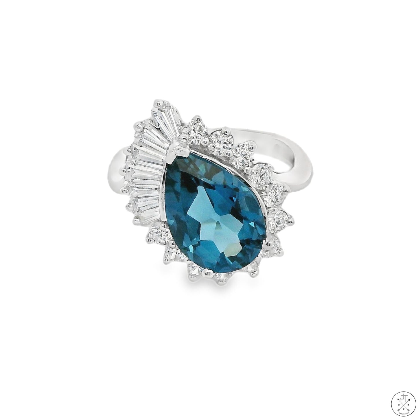 New 14k White Gold Ballerina Ring London Blue Topaz Size 8 Designer Meda Fashion