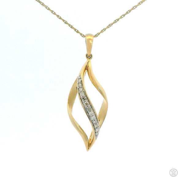 Vintage 10k Yellow Gold Wavy Marquise Pendant Necklace Natural Diamonds 18 inch