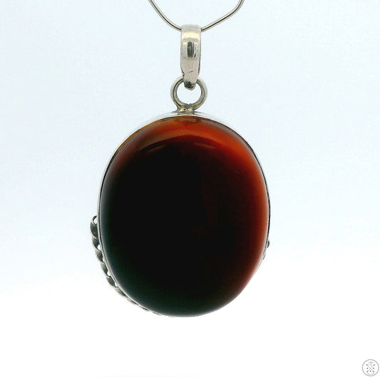 Vintage Sterling Silver Pendant with Dark Amber Cabochon Cognac