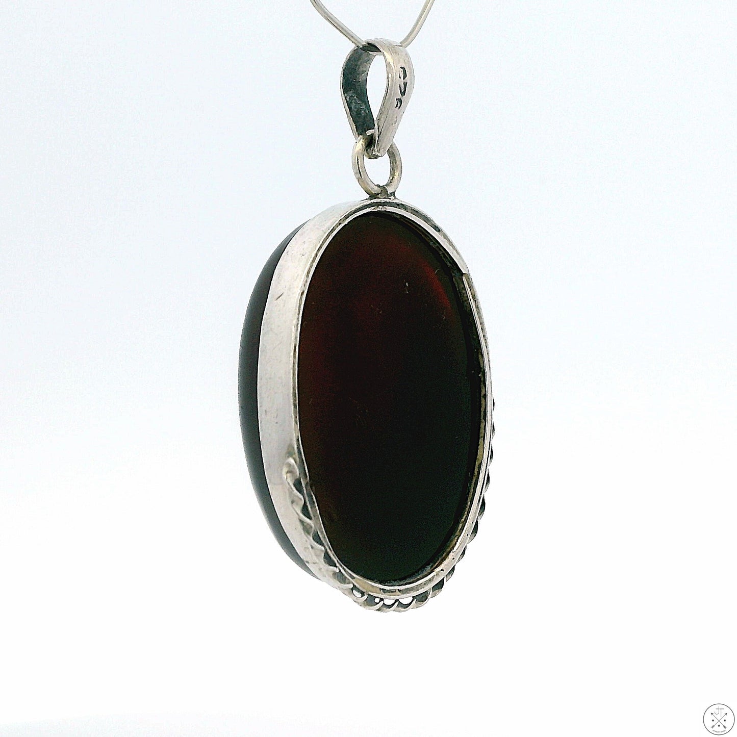 Vintage Sterling Silver Pendant with Dark Amber Cabochon Cognac