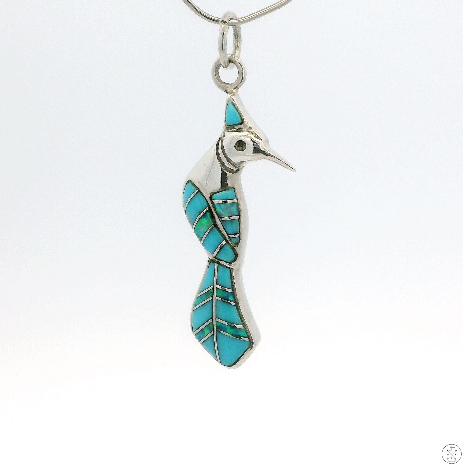 Vintage Sterling Silver Hummingbird Pendant Turquoise Opal Inlay Mosaic