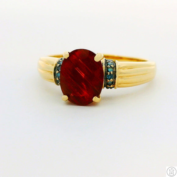 Vintage 10k Yellow Gold Ring with Red Labradorite Sunstone and Blue Diamond Size 8.5